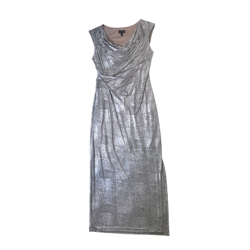 Connected Apparel Silver Metallic Cowl Neck Ruched Maxi Dress Cocktail Sheath 14